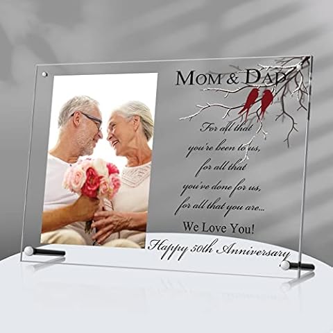 Acrylic Photo Frame Gift Floating Picture Frame Gift Clear Wedding Gifts for Parents Standing Happy 50th Anniversary Picture Frame Desktop Frameless Display for Mother Mom Dad Bride Groom Cover