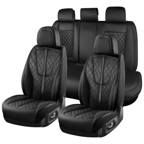Image of Coverado Leather Car Seat Covers Full Set, Luxury Diamond-Pattern Black Leather Seat Covers & Carbon Fiber, Waterproof Car Seat Protector, 5 Seats Automotive Seat Covers Universal Fit for Most Cars