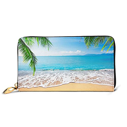 Ocean Sea Beach Palm Leaves Women Leather Long Wallet with Zipper Clutch Travel Credit Card Holder Purse