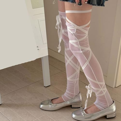 Ballet Styles Sheer Thigh High Leg Warmers With Ribbon Tie Fashionable Lace Up Mesh Leg Covers Long Socks For Women Girl Shee4
