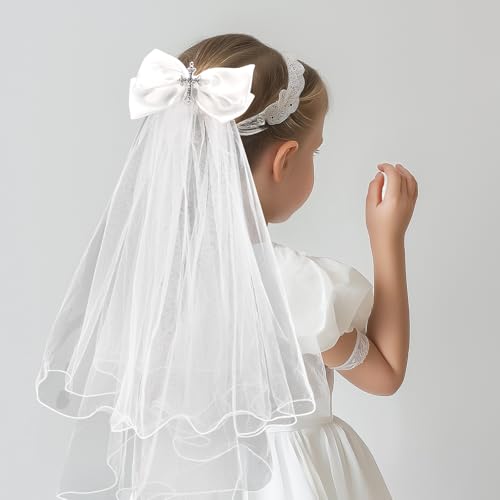 First Communion Veil Crystal Cross Bow Veil First Communion Dress Up Chapel Baptism Veil4