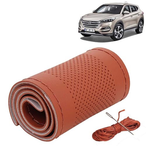 Image of KINGSWAY PU Leatherite Car Steering Cover Sewable Compatible with Hyundai Tucson (Year 2009-2015), Tan Color with Tan Thread, Pack of 1 with Sewing Needle and Thread