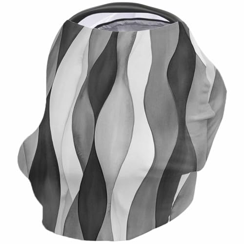Grey White Waves Nursing Cover for Breastfeeding Scarf, Retro Abstract Gradient Art Baby Car Covers Super Soft Multi Use for Canopy Shopping Cart Cover Blanket Stroller Cover