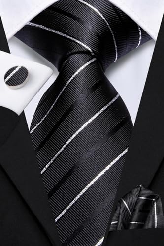 Image of Dubulle Mens Tie and Lapel Pin Paisley Black White Striped Floral Necktie for Men Pocket Square Cufflinks Wedding Party