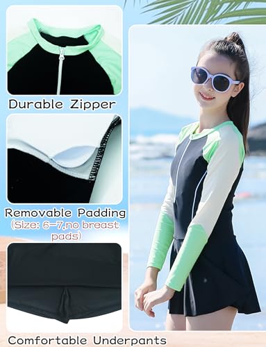 Image of SEAUR Girls Swimsuits Girls Rash Guard Bathing Suits Quick Dry Swimwear Zipper Front Swim Dress Kids Two Piece Swim Suit