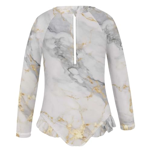 ALAZA Toddler Swimsuit Girl Bathing Suit Swimwear Rash Guard White Marble Long Sleeve 3T2