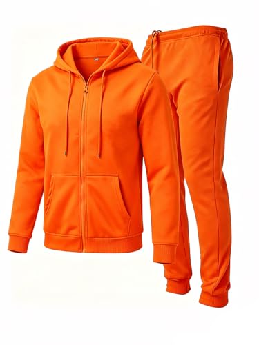 JIHUILAI Mens Tracksuit Track Jackets and Pants 2 Piece Outfit Orange Mens Hoodie Sweatsuit Full-Zip Fleece casual jogger set outdoor sportswear S