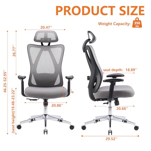 Image of Sweetcrispy Home Office Desk Chair, Ergonomic Rolling Work Swivel High Back 135Tilt Function Big and Tall Computer with Wheels, 2D Armrest Adjustable Lumbar Support & Headres, Modern Grey