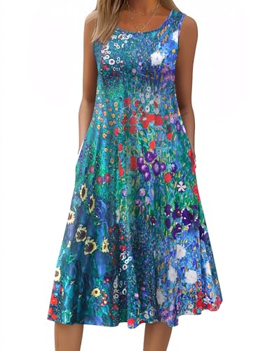 Image of HOTOUCH Summer Casual Dresses for Women Sleeveless Midi Dress Swing Tank Sundress Pleated Tshirt Dress with Pockets