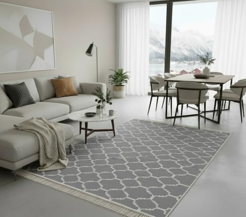 Jimri Alfombra de Pasillo - alfombras para salón, Dormitorio, Cocina, habitación Infantil, baño - Alfombra Boho Kelim - Gris Claro-Blanco, 160 x 230 cm
