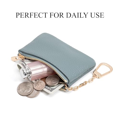 Image of Full Grain Leather Coin Purse with Key Chain - Small Change Purse Keychain Card Holder Keychain Pouch Small Keychain Wallet for Women and Men (Powder Blue)