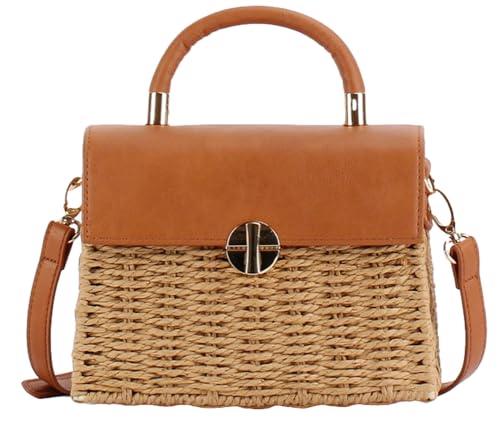 Image of Women Handwoven Straw Purse Rattan Handbag Beach Woven Straw Tote Square Bag Boho Basket Crossbody Bag