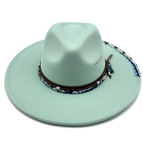 Wotfim Big Wide Brim Fedora Hat For Women Man Felt Panama Hat With Band Western Outdoor Hat-Blue thumb #5