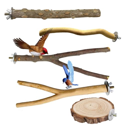 5pcs Bird Perches Natural Wooden Parrot Stand Set Birds Toys Parakeet Perch Multi-Branch Perch Platform Birdcage Stand for Parrotlets Bird Cage