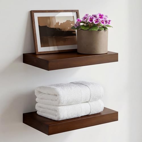 Homeforia Walnut 12 inch Floating Shelf High End Solid Real Wood Small 12inch Floating Shelves for Wall Mounted Dark Brown 12in Floating Shelves Heavy Duty Bracket 12 X 6.5 X 1.75 inches Set of 2