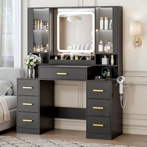 Image of BORNOON Vanity Desk with Mirror and Lights, Makeup Vanity with 7 Drawers, 2 Glass Door Cabinets, Charging Station, Adjustable Shelves, RGB Lighting, Holder