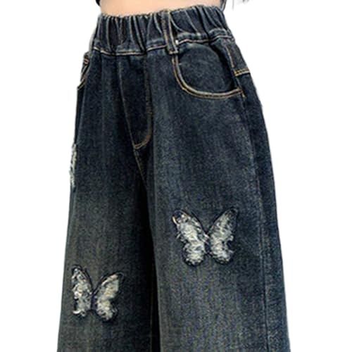 Tween Girls Baggy Jeans Y2k, Elastic Waistband Butterfly Embroidery Straight Leg Denim Pants with Back Pockets2