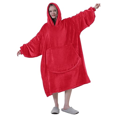 Easy-Going Oversized Flannel Wearable Blanket Hoodie for Adults, One Size Fits All, Rose Red