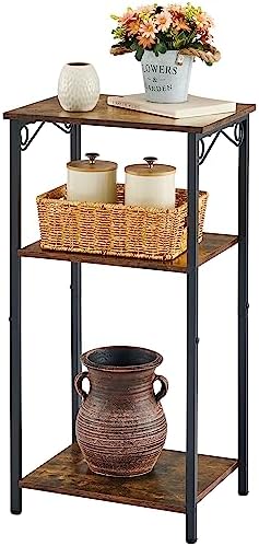 Hoctieon 3 Tier Tall End Table, Slim Night table, Narrow Side Table with Storage, Nightstand for Small Spaces, Metal Frame, For Living Room, Bedroom, Sofa Couch, Hall, Easy Assembly, Rustic Brown