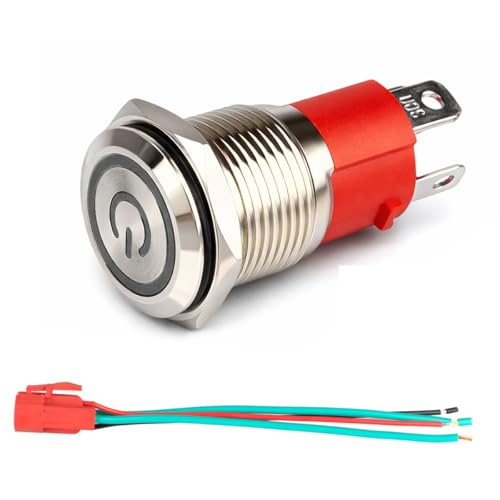 GUUZI 220V-230V / 15A Interruptor de Botón de Enclavamiento NO, Impermeable Luz LED Blanca Iluminada Botón de Encendido de Metal de 16 mm con Cable de Enchufe