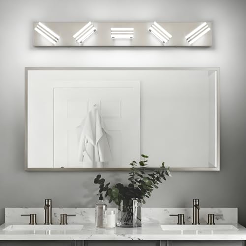 Image of SOLFART LED Bathroom Lighting Fixtures - 5 Lights Modern Brushed Nickel Acrylic Vanity Lights for Mirror 32inch 24W