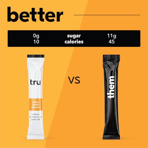 Image of Tru Energy Powder, Natural Caffeine Supplement with Green Tea Extract, Pre Workout Drink Mix with Vitamin B6, Vitamin B12, Monk Fruit & Stevia, Sugar Free, Gluten Free, Vegan, Mango Flavor, 12 Packets