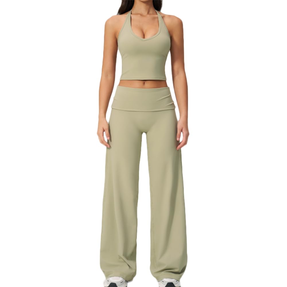 XYFfybhsd 2-Piece Yoga Outfit with Halter Tank Top & Fold-Over Waist Wide Leg Pants Loose Athletic Wear Gym Sports Activewear Set(Size:S,Color:Green)