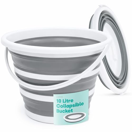 LIVIVO Collapsible Bucket – Large 10L Capacity Sturdy Silicone Foldable Bucket with Comfortable Grip Handle - Handy Folding Bucket, Neat and Space Saving Solution for Laundry, Car Wash (Grey)