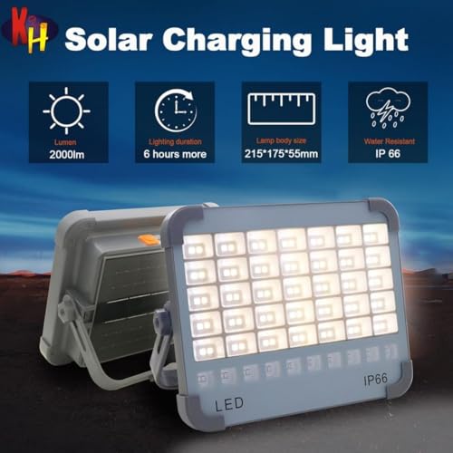 Image of kh Solar LED Work Light, Portable Rechargeable Flood Light with USB Charging, 5 Lighting Modes, IP66 Waterproof, Solar Emergency Lamp for Camping, Garage, Farm, Hotel & Power Outage (Grey)