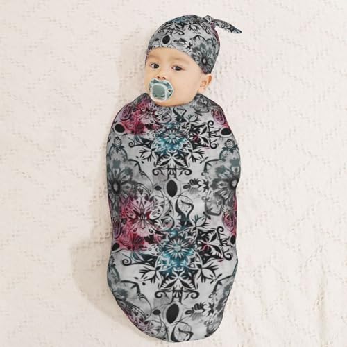 Image of Vintage Mandala Newborn Swaddle Blankets Hat Sets Soft Baby Receiving Blanket Swaddle Sack for Baby Shower Infant Boy Girl Gift