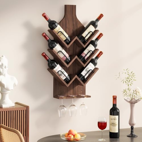 Image of Hoctieon Wine Rack Wall Mounted, 6 Bottles Wood Wine Rack for Display and Storage, Hanging Bottle Holder Bar Shelves for Living Room, Kitchen, Dining Room, Wine Cellar, Walnut