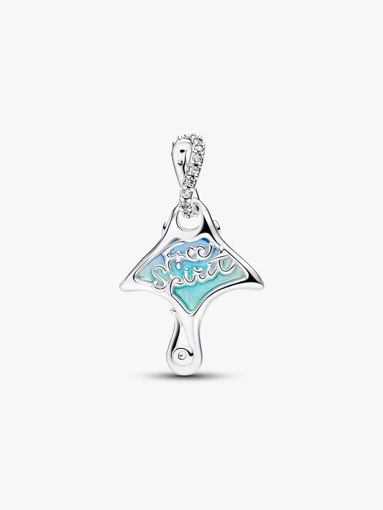 Manta Sterling Silver Dangle with Clear Cubic Zirconia, White bioresin Man-Made Mother of Pearl, Enamel and Shaded Blue Murano g