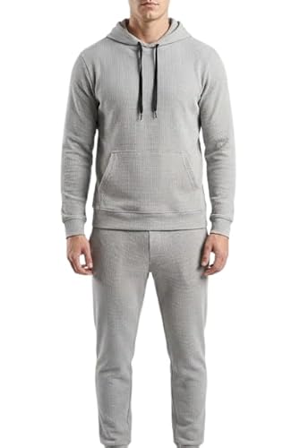 ترينج رجالي شتوي قطعتين خامة وافل بارزة هودي وبنطلون رياضي م...
