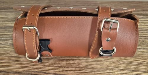 Bolsa frontal para horquilla y guardabarros para motocicletas y bicicletas en cuero de búfalo marrón con correas de cuero real miniatura 5