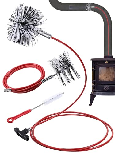 Feekoon Pellet Stove Cleaning Kit, 20 FT Flexible Steel Rod with 3" & 4" Brush Head, Flue Detail Cleaner, Pellet Stove Accessories for Vent Pipes Cleaning - Reduce Buildup & Improve Airflow