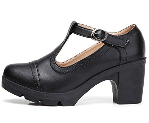 DADAWEN Women's Leather Classic T-Strap Platform Chunky Mid-Heel Mary Jane Square Toe Oxfords Dress Pump Shoes4