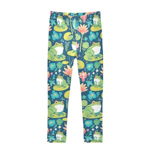 Cute Cartoon Frog Animal Sitting Flower Leaf Kids Baby Girls Basic Leggings Stretchy Full Length Yoga Pants Gym