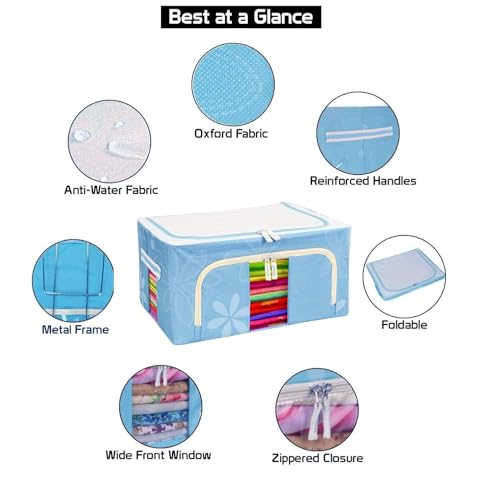 Image of TEKCOOL Foldable Steel Frame Clothes Organizer Storage Box for Wardrobe, Saree, Shirts, and Blankets (24 LTR - Pack of 1, Oxford Fabric), Blue.