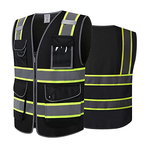 ASIPHITU Black Safety Vest Mesh High Visibility Reflective Vest for Men Women with 9 Pockets and Zipper Hi Vis Construction Vest, Meets ANSI/ISEA Class 1, (E1-Black-M)