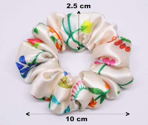 Image of Satin Scrunchies Hair Bands for Women | No-Damage Elastic Hair Ties for Ponytails & Buns | Fluffy & Stylish Rubber Bands | Free Size | Pack of 8 | Aqua Bloom Md (Medium Size)