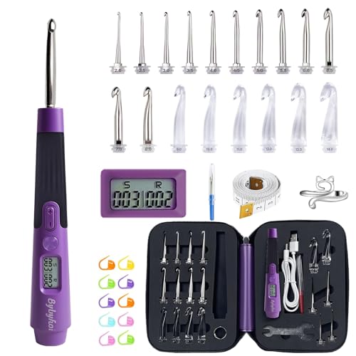 Image of 18 Sizes Lighted Crochet Hooks Set 2.0mm~14.0mm, Rechargeable Crochet Hook with Interchangeable Crochet Head, Light Up Crochet Hooks Set with 2 Levels Led for Beginner Knitting Kit Gifts
