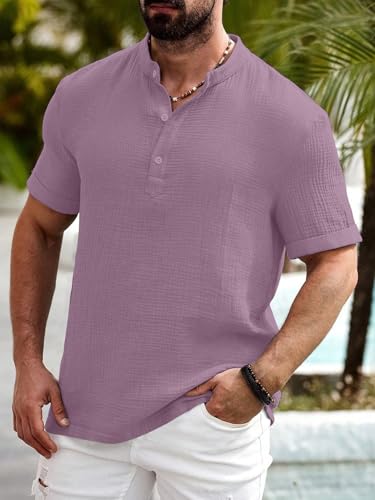 Image of Men Shirt | Black Textured Cotton Blend | Regular Fit Casual Shirt | Half Short Sleeve | Mandarin Chinese Collar | Button Down | Summer Office Wear | Stylish Shirt for Men