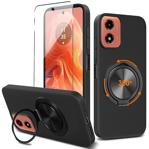 for Motorola Moto G24 / G04 / G04S / E14 4G Phone Case with Tempered Glass Screen Protector 360° Rotatable Ring Holder Kickstand/Stand Silicone TPU Silm Fit Shockproof Protective Cover Case - Black