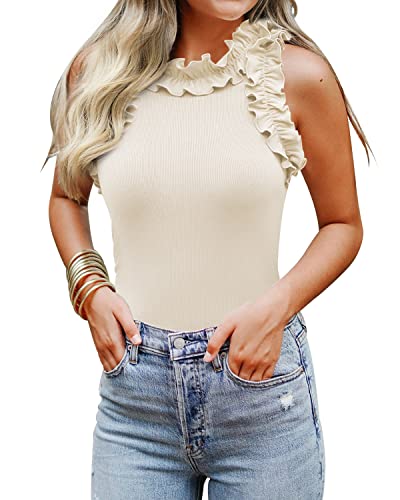 Image of WAYMAKER Women's Sleeveless Racer Back Ruffle Mock Turtle Neck Ribbed Bodysuit Tank Tops