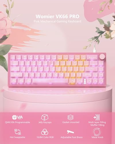 Image of Womier 60% Keyboard QMK /VIA, Pink Gaming Mechanical Keyboard Creamy, Hot Swappable Gasket Mount RGB Wired Jade Key Board & Jelly Translucent Keycaps(VK66 PRO- Jelly)
