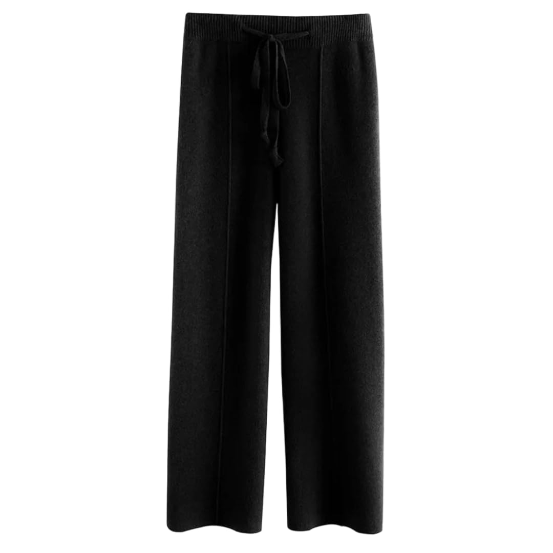 Womens Winter Knitted Wide Leg Soft High Waist Floor-Length Trousers Pants Black Medium