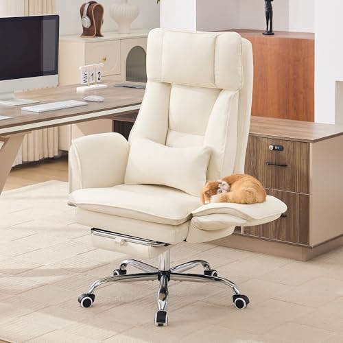 Image of Big and Tall Office Chair, Footrest & Flip Armrest for Pets, PU Beige | Executive Ergonomic Criss Cross Chair, Reclining High Back Desk Chair, Leather Swivel Computer Chair with Lumber Pillow
