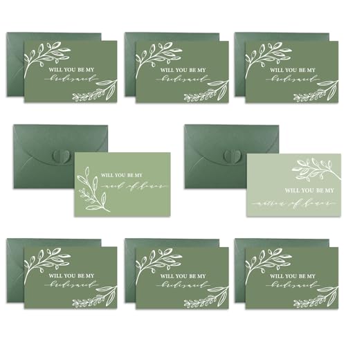 JarThenaAMCS Will You Be My Bridesmaid Cards Watercolor Green Floral Bridal Proposal Cards with Envelopes Matron of Honor Invitation Cards for Bridal Shower Wedding Supplies, 4 x 6 Inch, 8Pcs