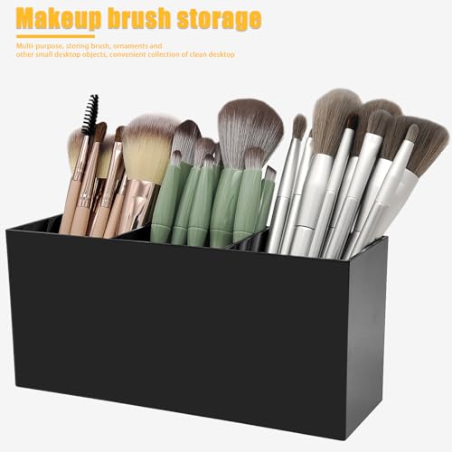 Image of Cerpourt Black Makeup Brush Organizer,Acrylic Cosmetic Brushes Storage Holder with 3 Slots,Pencil Pen Holder for Desk,Desk Organizer and Accessories for Vanity