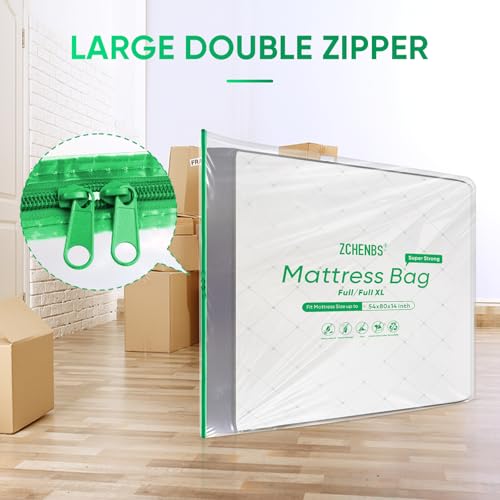 Image of ZCHENBS - Full /Full XL Mattress Bags for Moving, Waterproof Mattress Storage Bag with Zipper, Heavy-Duty 5 Mil Ultra-Thick Bed Protector Cover for Moving, Reusable (Transparent /Green, 2 Pack)